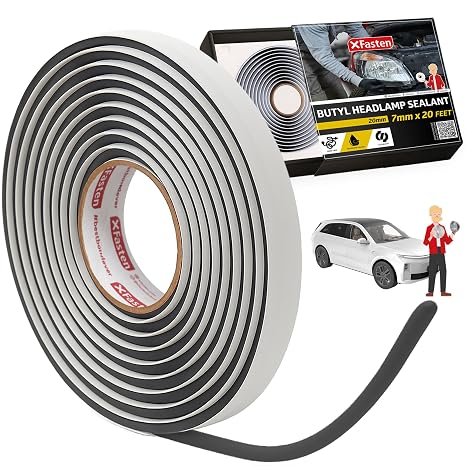 XFasten Butyl Headlamp Sealant, 7 millimeters x 20 Feet, 7 millimeters Thick, OEM Grade Automotive Rubber Butyl Rope Tape for Headlamp, Headlight, Windshield, Window, and Pool Light Sealant Tape