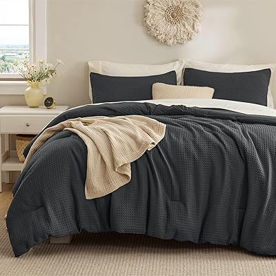 Bedsure Waffle Comforter Set Queen, Soft and Breathable Charcoal Bedding Comforter Set, 3 Pieces, 1 Waffle Weave Comforter 90 x 90 and 2 Pillowcases20 x 26