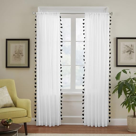 Elrene Home Fashions Bianca Boho Semi-Sheer White Cotton Rod-Pocket Window Curtain Panel with Colorful Side Tassels, 52 inches by 84 inches, Black