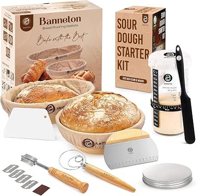 Sourdough Bread Baking Supplies and Starter Kit - Ultimate Bread Making and Sourdough Starter Kit with Proofing Baskets, 24oz Sourdough Jar, Bread Lame, Scrapers, and Danish Whisk