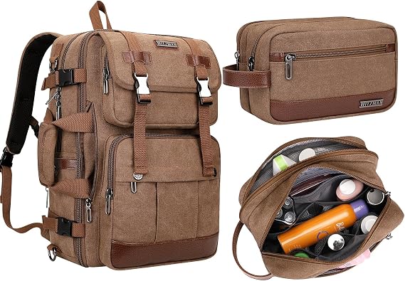 WITZMAN Canvas Carry On Travel Backpack Duffel Bag Fit 18 inch Laptop Toiletry Bag Hanging Dopp kit for Men Bathroom