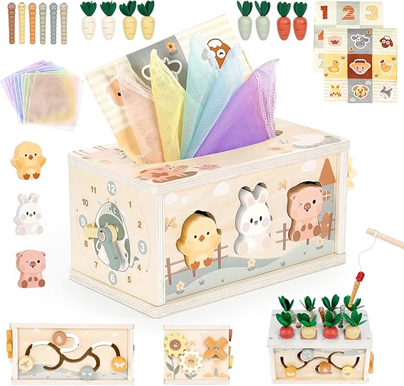 Vanplay Montessori Toys for 1 Year Old, 6 in 1 Baby Tissue Box Toy Wooden Activity Cube, Shape Sorter Sensory Toys for Babies 12 Months, 1st Birthday Gifts for Girls Boys