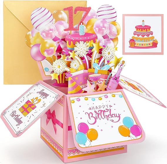 17th Birthday Card, 3D Pop Up Birthday Card for 17 Year Old Girl Daughter Granddaughter Niece, Pink 17th Birthday Decorations Gifts for Girls