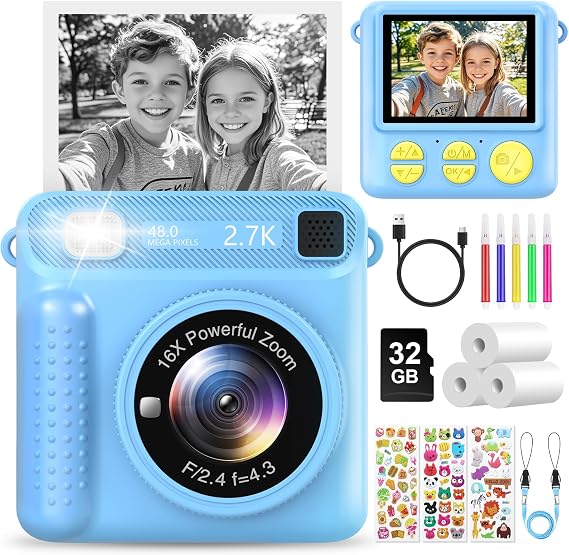 Kids Camera Instant Print, 2.4'' Digital Camera for Kids, 1080P Kid Cameras with 32GB Card & 3 Rolls Print Paper, Birthday Christmas Kids Toys Gifts, Game Presents for Girls Boys Aged 3-12