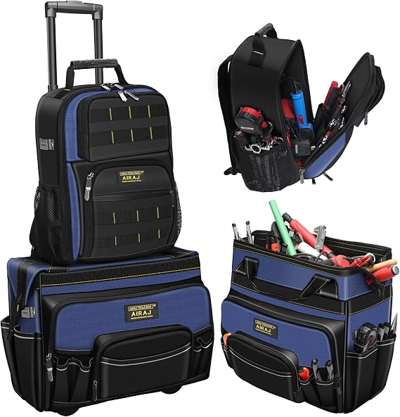 AIRAJ 21" Rolling Tool Bag with Wheels & 18" Tool Backpack Set | Adjustable Telescoping Handle | Waterproof Tool Bag | Tool Backpack Heavy Duty | 1680D Oxford Cloth | USB Charging Port | 55 Pockets