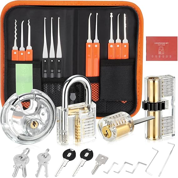32 Pcs Lock Picking Kit, [Upgraded Version] Diyife Lock Pick Set with 4 Transparent Training Locks 3 Key Extractors & 8 Locks Picking Tools for Lockpicking, Guide for Beginner and Locksmith Training