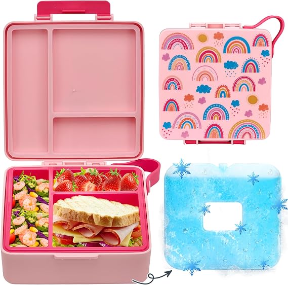 Pawtong Chill Bento Lunch Box,Bento Box with Ice Pack,Leak Proof 9-Compartment Lunch Container,Ice Pack Detachable Lunch Box BPA Free, Microwave & Dishwasher Safe (Light Pink Rainbow)