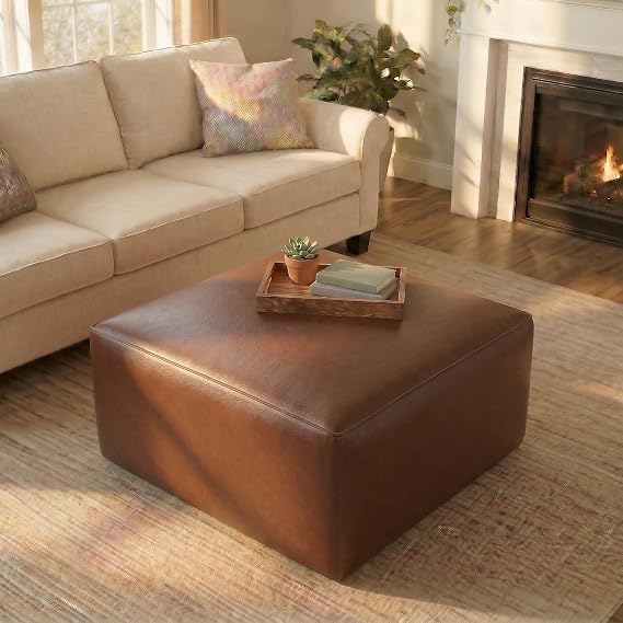 Large Square Ottoman with PU Leather & Modern Design, Upholstered Ottoman Coffee Tablel with Solid Wood Frame for Living Room Bedroom
