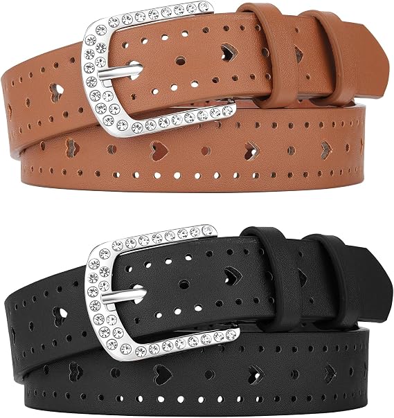 AWAYTR 2 Pcs Girls Leather Belt Rhinestone Buckle Western Heart Kids Belt | Girls Western Belt for School Uniforms Dress Pants Jeans, Adjustable for Girls 5-12