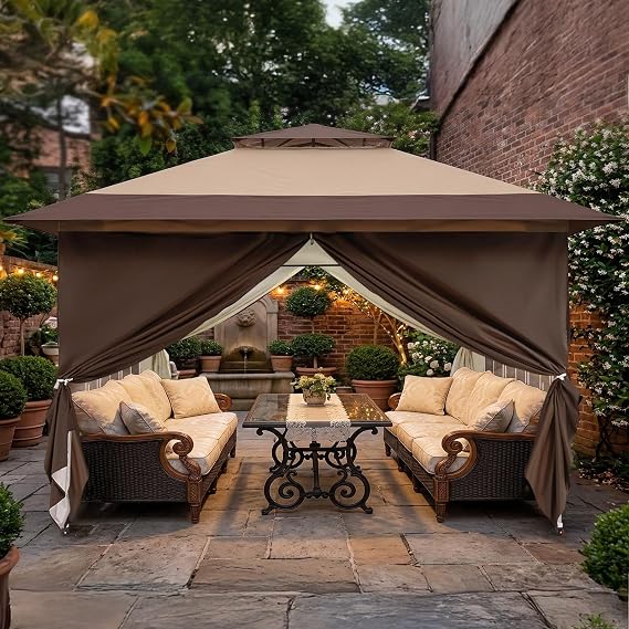 CROWN SHADES 4m x 4m Pop Up Gazebo with 4 Sides, Waterproof Garden Shelter | Double Roof Pop Up Party Canopy, Height-Adjustable Metal Frame Garden Tent for Patio & Outdoor Events, Includes Carry Bag