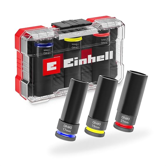 Orijinal Einhell M-CASE 3 Parça Mekanik Darbeli Lokma Seti (Ø 17/19 / 21 mm, 80 mm Uzunluk, Manganez Fosfatlı CrMo Çelik, 1/2” Kare Tahrik, Plastik Kılıf, Renk Kodlaması)