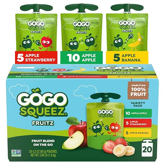 GoGo squeeZ No Sugar Added Applesauce and Fruit Puree Variety Pack, Apple, Banana & Strawberry, 3.2 oz Pouches Pack of 20, Fruit Snacks for Kids, Gluten Free, Nut Free, Recloseable Cap, BPA Free