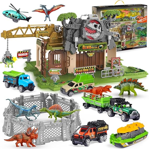 Dinosaur Adventure Gift Box: Complete Set with 6 Realistic mini dinosaur figures, 6 Fences, 7 Functional Vehicles (Jeep, Trailer, Helicopter, etc.), Assembly Required, Gift for Boys Ages 3 4 5-8+