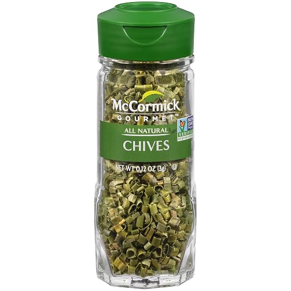McCormick Gourmet Collection Chives, Non GMO, Our Best Herbs & Spices, Mild Onion Flavor, Bright Green Color, Sprinkle on Baked Potatoes, Eggs, Vegetables, Dips & More, 0.12 oz