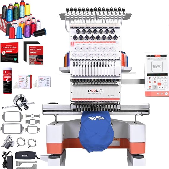 Poolin EOM 15-Needle Embroidery Machine | Starter Bundle Includes 3D Puffy Foam,15 Threads,144pcs Pre-Wound Bobbins, 12x25'' Cut Away Stabilizer