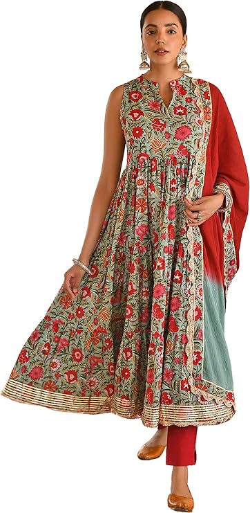 Janasya Indian Women's Cotton Sea green Floral Print Festive Wear Kurta Set for Women