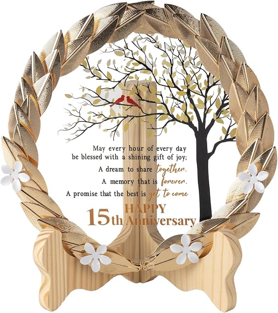 15th Anniversary Wedding Unique Gifts Ideas Crystal Plate with Gold Leaf Wreath - 15th Anniversary Wedding Gifts for Parents Couple - Cardinal Style