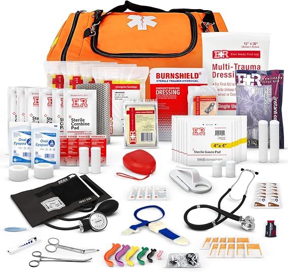First Responder Trauma First Aid Kit Bag Fully Stocked Emergency Medical Kit for Workplace, Vehicle & Home OSHA & ANSI Compliant Portable Orange