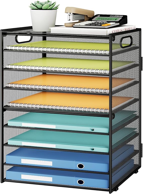 SUBEKYU 9 Tier Paper Organizer for Desk - Black Metal Mesh Letter Tray File Paper Sorter Organizer Include 6 Pcs Adjustable Height Slid Tray with Handles for Office School Home Organization Storage