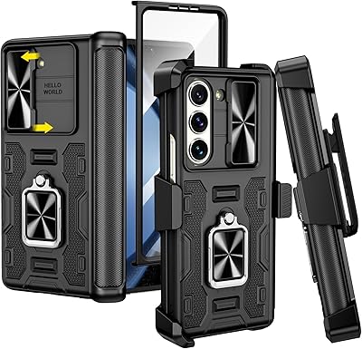 VEGO for Galaxy Z Fold 5 Case with Belt Clip Holster, 360Ring Magnetic Kickstand & Camera Cover & Front Screen Protector, Hinge Protection Shockproof Armor Cover - Black