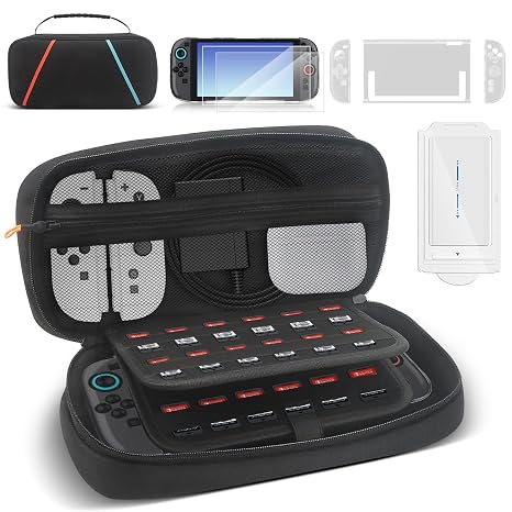 Switch 2 Carrying Case for Nintendo Switch 2 (2025), 5-in-1 Accessories Bundle Holder, Switch2 Screen Protector Cover, 2x Tempered Glass + Auto-Alignment Tool for Nintendo Switch 2 Accessories