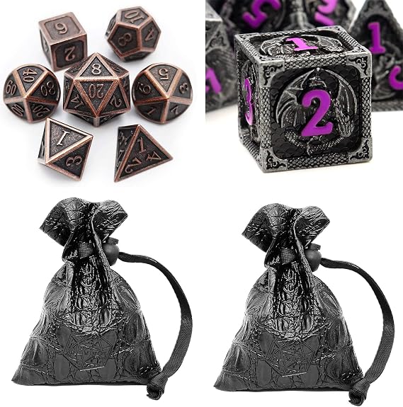 Haxtec Copper Metal DND Dice Set with Dragon Pattern Metal Dice Set Bundle