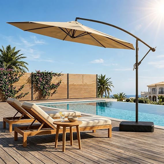 10ft Cantilever Patio Umbrella with Base, Outdoor Offset Umbrella | 360 Rotation & Easy Tilt Adjustment, UV Protection Waterproof Patio Umbrellas for Backyard, Garden, Patio, Deck, Pool