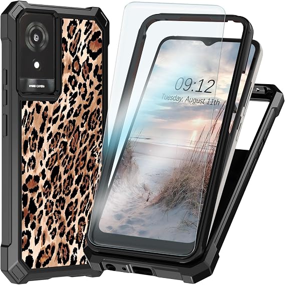 for TCL K24 Case for TCL K24 T432D/ K23 Phone Case with Tempered Glass Screen Protector, Heavy Duty Shockproof Dual Layer Structure Protective Cover Silicone TPU Case, Leopard Print