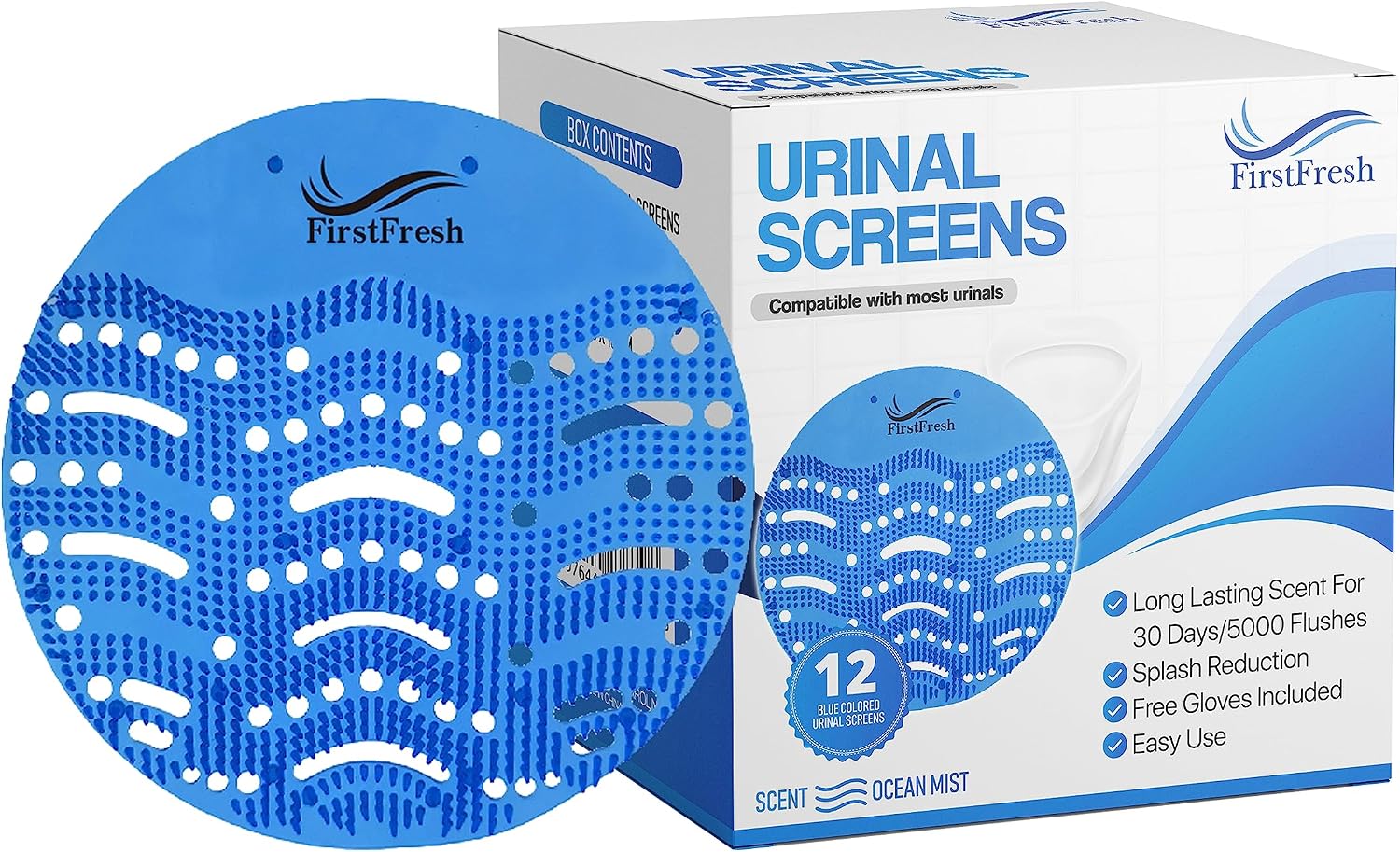 First Fresh Urinal Screen Deodorizer 12 pack | Long Lasting Fragrance-Ocean Mist | Urinal Cakes Anti-Splash | Urinal Mats Anti-Clogging | Universal Fit For Easy Use | Free Gloves
