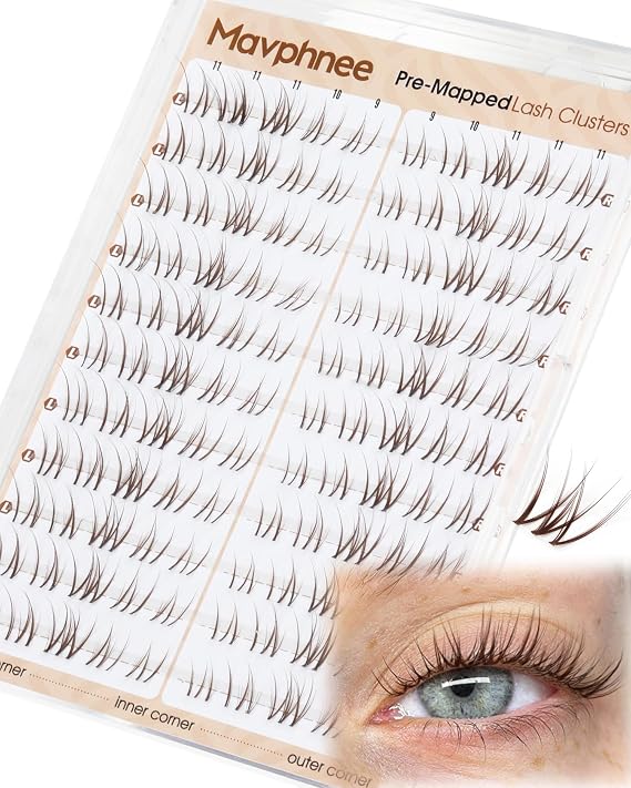 Brown Lash Clusters Natural Eyelash Extensions 9-10-11MM Short Wispy Cluster Lashes Extensions CC Curl Pre-Mapped Cat Eye Eyelash Clusters for Effortless Application