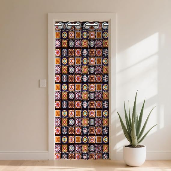 Bohemian Style Door Curtain for Doorway Tile Pattern Doorway Curtain Room Divider Curtains with Plastic Rings Folding Doors Curtains For Closet Door