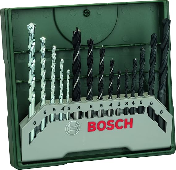 Bosch 2607019675 15-Piece Mini-X-Line Twist Drill Bit Set (Wood, Masonry and Metal, Accessories for Drills) , Silver/Black , 157mm x 150mm x 20mm