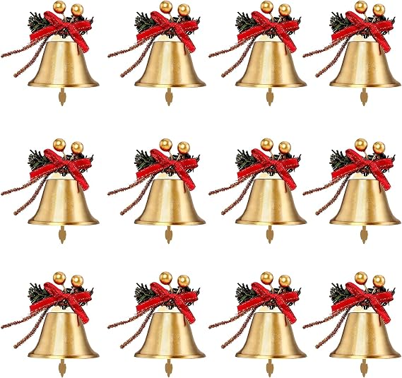 Christmas Gold Jingle Bells 12pcs 2.4" with Red Bow,Berry Tree,Tree Decor | Metal Gold Jingle Bells Hanging Ornament, Xmas Ornament Ringbell for Christmas Pendant Holiday Decoration