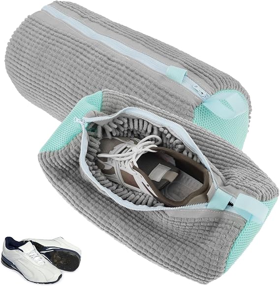 2Pcs Shoe Washing Machine Bag, Shoe Cleaning Bag with Zipper & Hook, Reusable Shoe Laundry Bag, Trainer Washing Machine Bag for Sneakers Canvas Tennis Running Shoes 39x19cm(Grey)