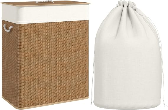 HOMCOM 100L Laundry Basket with Lid 2 Section Laundry Hamper Brown