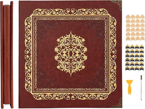 Photo Album Large 4x6 Pictures,Artificial Leather Photo Album Scrapbook 11.02"x11.46", Vintage 80 Pages DIY Self Adhesive Pages Memory Book for Wedding with Metal Pen,Deep Brown