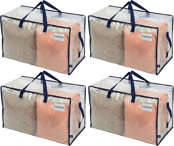 VENO 4 Pack Clear Extra Large Moving Bags & Storage Totes, Heavy Duty Organizer with Reinforced Handles & Strong Zippers for Clothes, College Dorm Essentials, Moving Supplies
