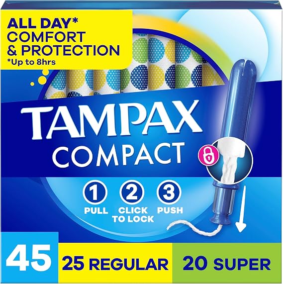 Tampax Compact Pearl Tampons for Women Multipack, with LeakGuard Braid & Extendable Applicator, Regular/Super Absorbency, Compact Extendable Applicator, Unscented, 45 Count