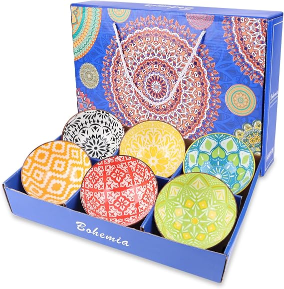 Set of 6 Ceramic Tapas Bowls, Bohemian Serving Tapas Dishes for Dips, Rice, Ice Cream, Dessert, Colourful Small Bowls with Gift Box, Microwave|Dishwasher Safe(Blue Box)
