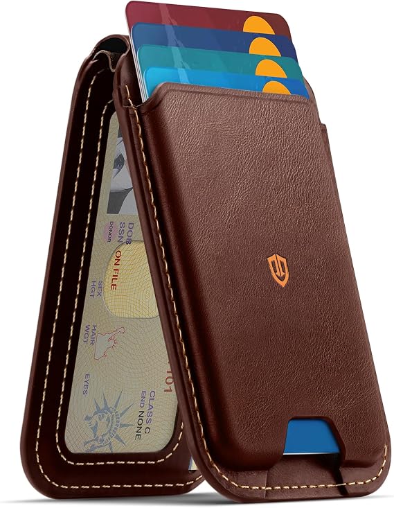 SHIELDON Genuine Leather for MagSafe Wallet Stand, 6 Card Holders, Coffee