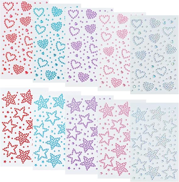 PLUSHCEWT 10 Sheets Face Gems for Kids & Women,Star and Heart Face Jewels,Self-Adhesive Gem Stickers for Face,Hair,Body,DIY Crafts,Festival Face Stickers for Women Girls Party Makeup Accessories