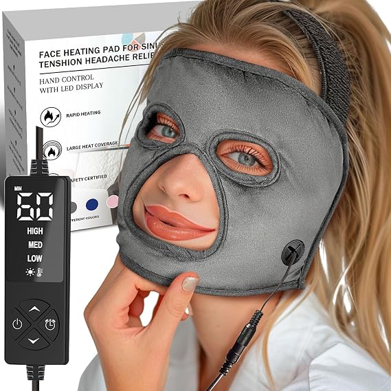 Full-Coverage Heated Face Mask for Sinus Pressure Relief, Ex-Large Face Heating Pad for Sleep Aid & Tension Headache