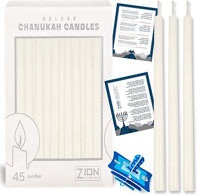 5.25 Premium Dripless Hanukkah Candle Bundle of 45 Solid White Tapered Candles for Standard Chanukah Menorahs Birthday Party Celebration Candles for 8 Nights of Hanukah WDIY Dreidel