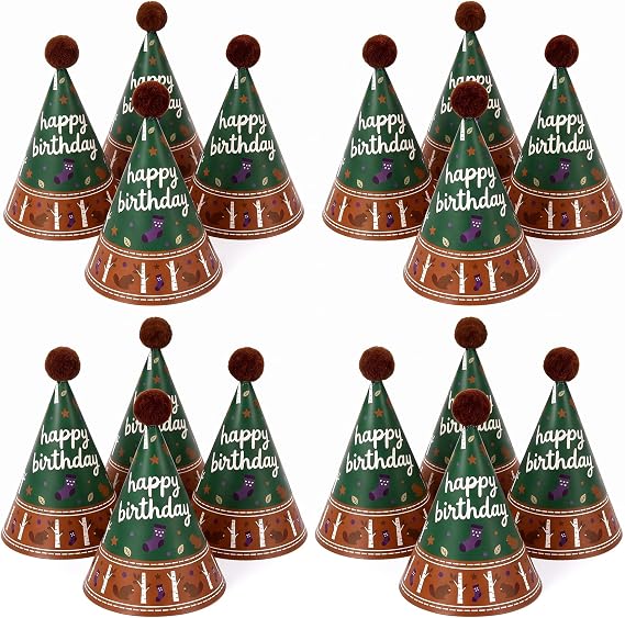 Mini Party Hats for Stuffed Animals, Kids & Pets, 12 Pcs Beaver Birthday Hats, DIY Paper Cone Caps with Strings, Brown Pom Poms & Glue Dots