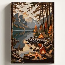 Canvas Hobby Set with Numbers TENT CAMPing Themed Brush and Paint Included Set (Platted) 40x50 CM Canvas Paint Kit with Self-Making Numbers (PULLEY)