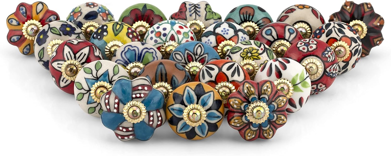 Craft Trade Dresser Knobs for Cabinets and Drawers - Assorted Multicolor Ceramic Pull Handle for Kitchen Cupboard Wardrobe Decorative Furniture Hardware - Multicolor - Pack of 25
