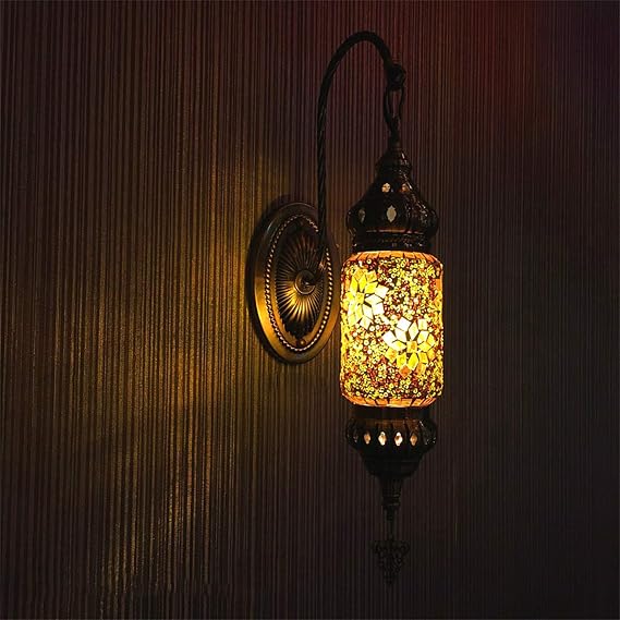 GDLight Turkish Mosaic Gooseneck Sconce Wall Lamp Bohemian Lantern Wall Lights Moroccan Handmade Glass Bedside Lamp for Living Room Bedroom Hallway Balcony Cafe Bar,D