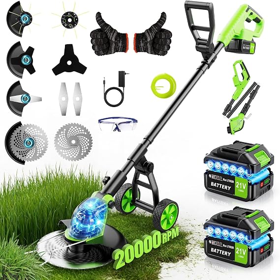 20000 RPM Electric Weed Wacker Cordless, 12 Brushless Weed Eater Battery Powered with Wheel, 4-in-1 Grass Trimmer/Brush Cutter/String Trimmer, Lawn Mower Edger Stringless Weed Trimmer