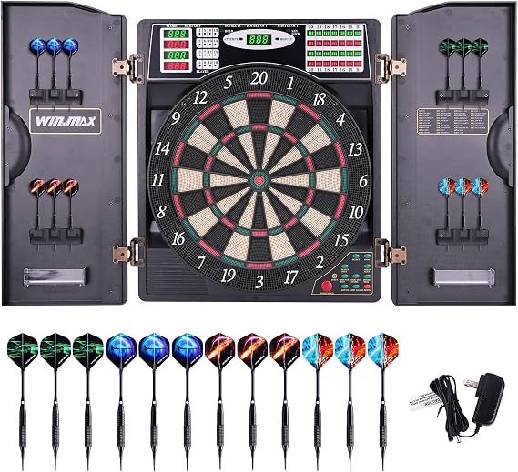 Electronic Dart Board LED Electric Digital Boards with Cabinet 12 Darts | 38 Games with 211 Variations,Low Bounce-Outs,for 16 Players; 5 Levels Cyber Play; 12 Darts and Accessories