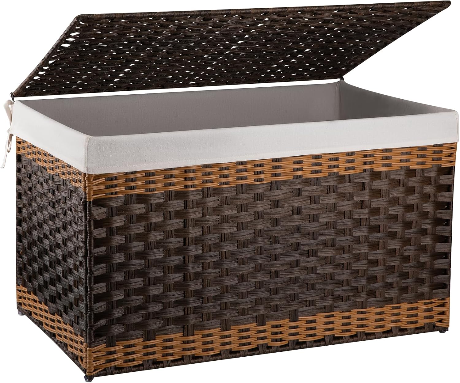 OIAHOMY Storage Basket with Lid, 42.3 Gallon 160L Blanket Basket with Removable Liner Bag, Synthetic Wicker Hamper with Handle, Foldable, Hamper for Living Room, Brown
